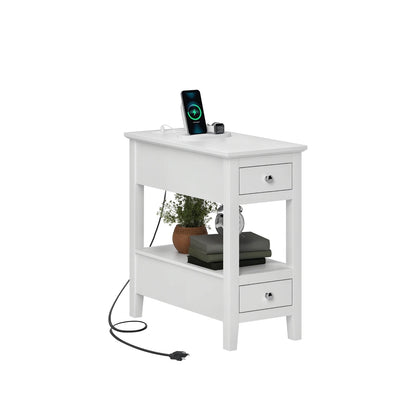 Narrow Side Table with Built-in Charging Station and USB Ports, White