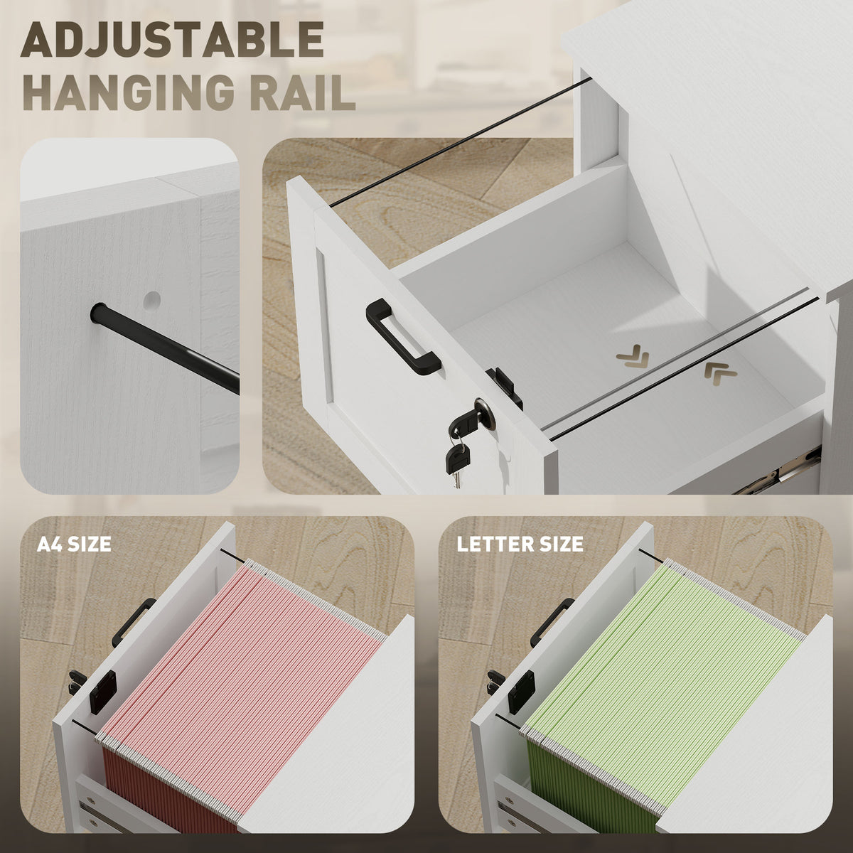 Vertical Filing Cabinet with 3 Drawers, Lock, File Cabinet for Home Office, A4 and Letter Size Files, White