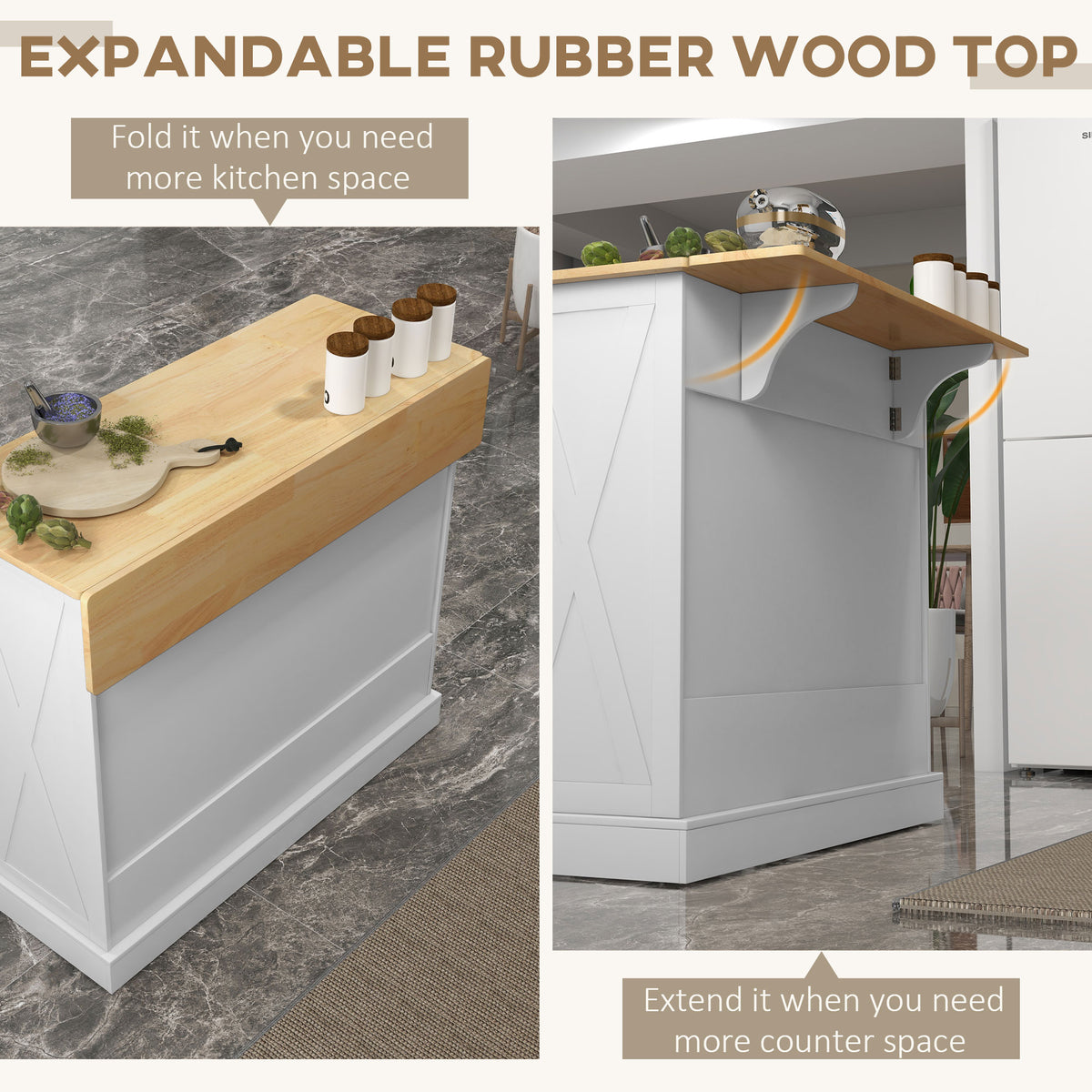 Rolling Kitchen Island Cart with Drop Leaf and Breakfast Bar and 2 Drawers, White