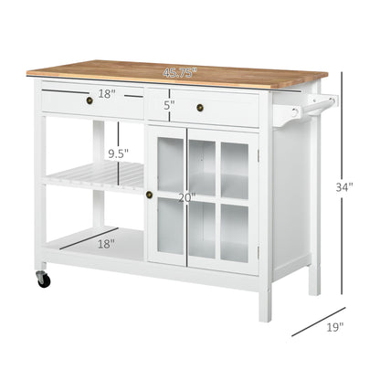 Rolling Kitchen Utility Cart with Rubber Wood Top and Towel Rack and Cabinet, White