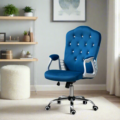 Blue office chair in a home office setting with a desk and decor.