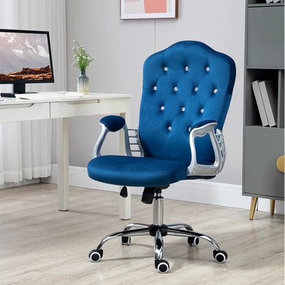 Velvet Swivel Office Chair with Button Tufted Design and Adjustable Height, Dark Blue