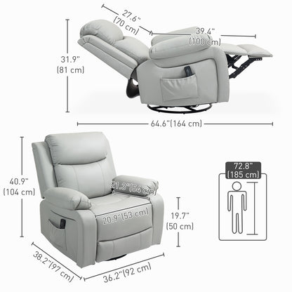 PU Leather Massage Recliner Chair with Swivel Base, Light Grey