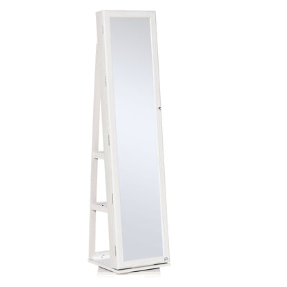 360° Swivel Jewelry Armoire with Lockable Mirror Cabinet, White