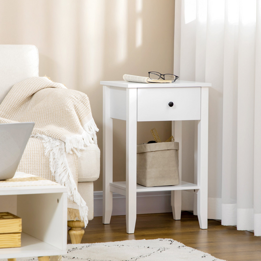 2-Tier Side Tables with Drawer and Shelf, White (Set of 2)