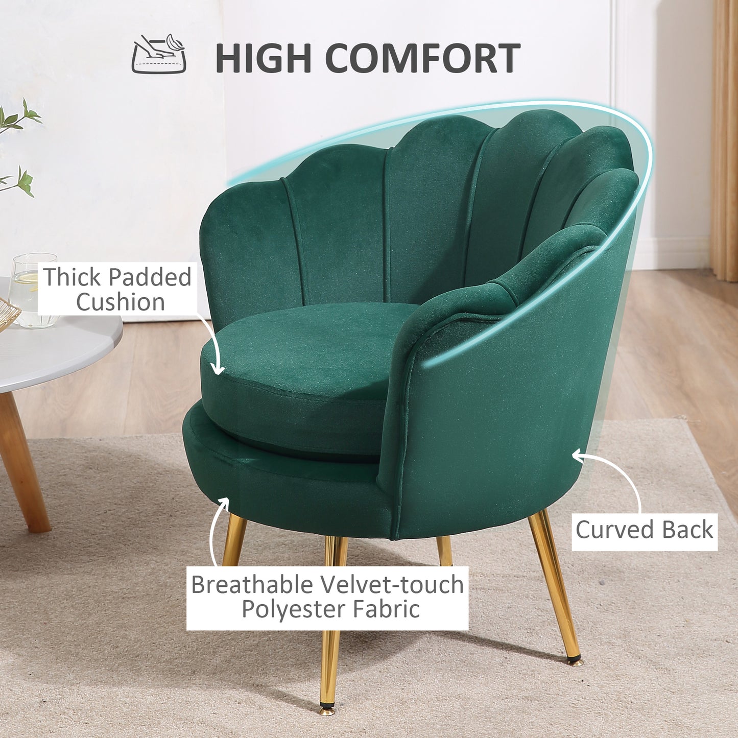 Modern Velvet Accent Chair with Lotus Backrest and Gold Legs, Dark Green
