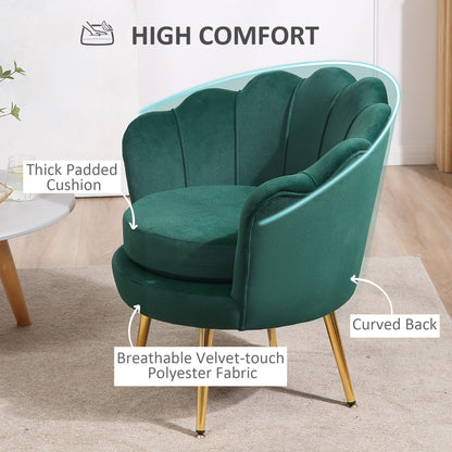 Modern Velvet Accent Chair with Lotus Backrest and Gold Legs, Dark Green