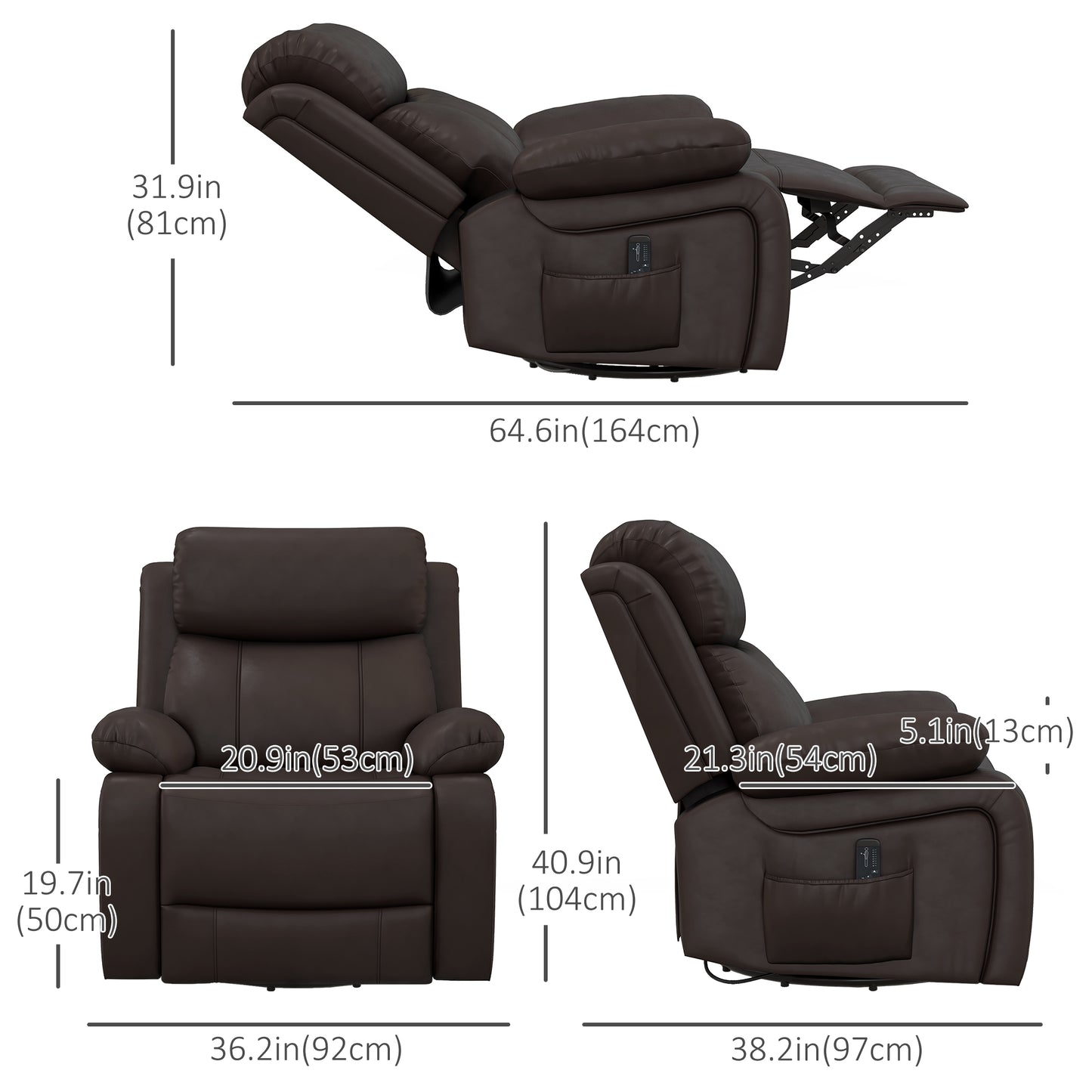 PU Leather Massage Recliner Chair with Swivel Base, Brown