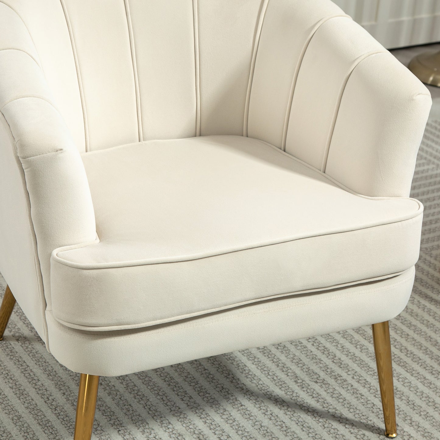 Channel-Tufted Tub Armchair with Upholstery and Gold Legs, Cream