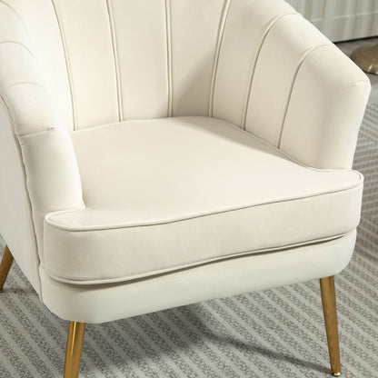 Channel-Tufted Tub Armchair with Upholstery and Gold Legs, Cream