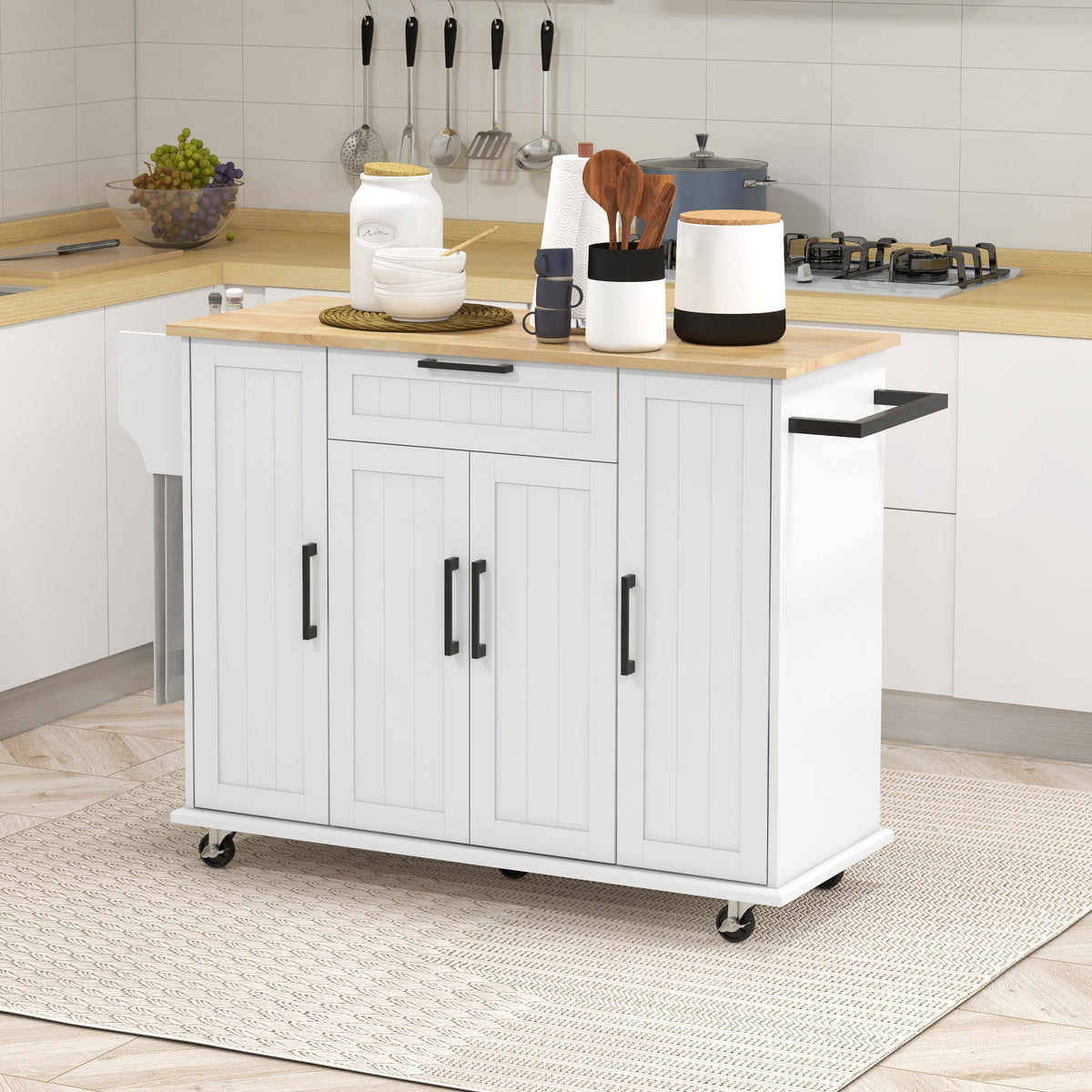 Rolling Kitchen Island Cart with Wood Top and Towel Rack and Cabinet, Natural