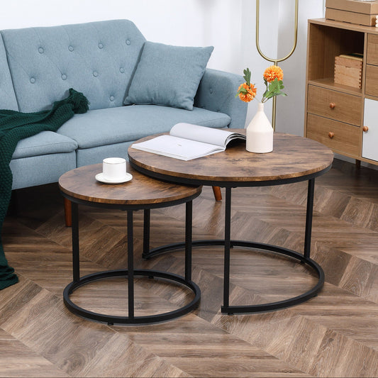 29" Round Nesting Coffee Tables with Metal Base, Rustic Brown (Set of 2)