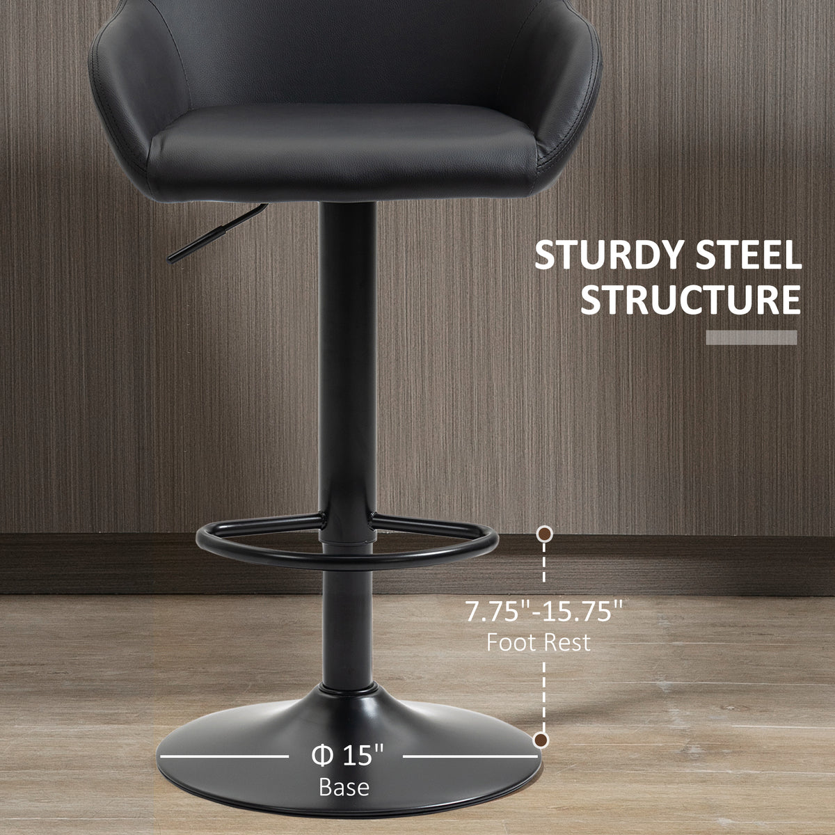 Adjustable Swivel Bar Stools with PU Leather Upholstery and Footrest, Black (Set of 2)