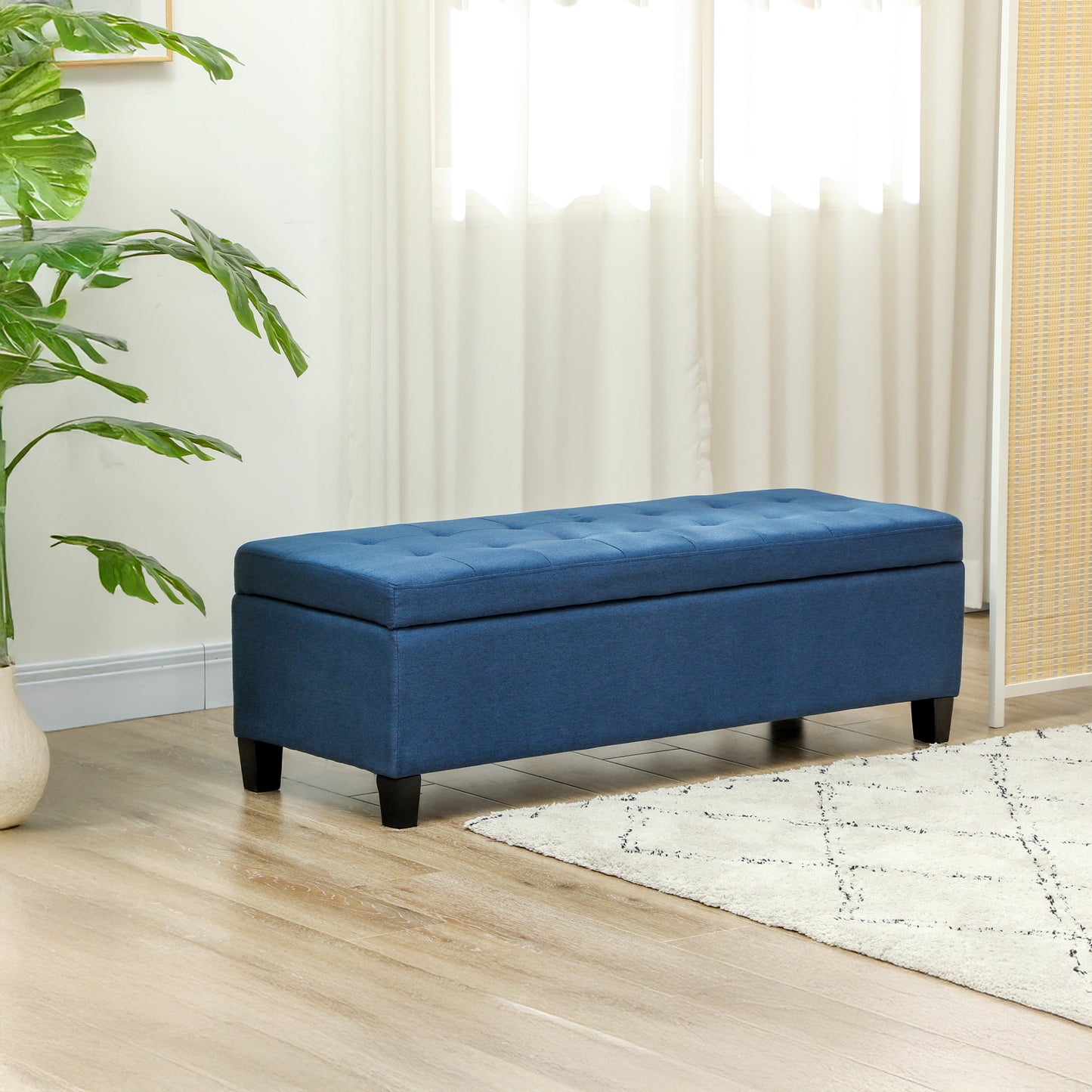 Rectangular Tufted Storage Bench with Wood Feet, Blue