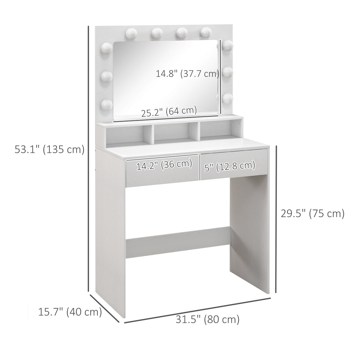 Makeup Vanity Table with LED Mirror and Drawers, White