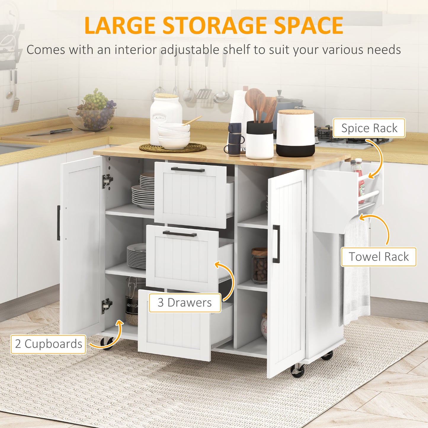 Rolling Kitchen Cart with Drop Leaf, 3 Drawers and Solid Wood Top, White