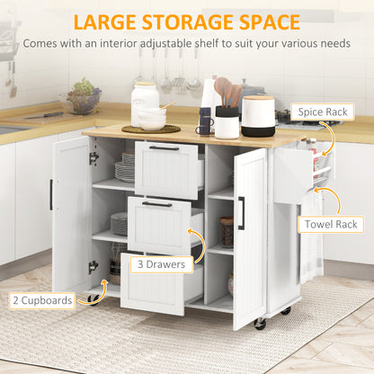 Rolling Kitchen Cart with Drop Leaf, 3 Drawers and Solid Wood Top, White