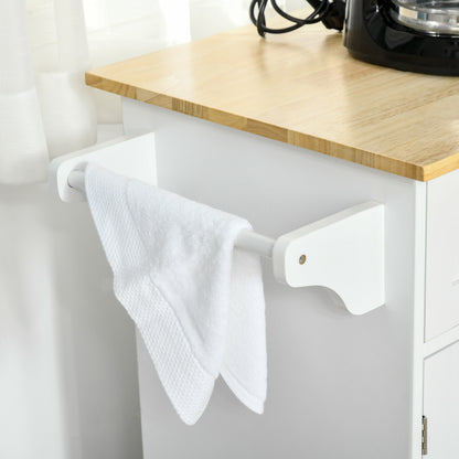 Rolling Kitchen Island Cart with Solid Wood Top and Towel Rack and 3 Cabinets, White