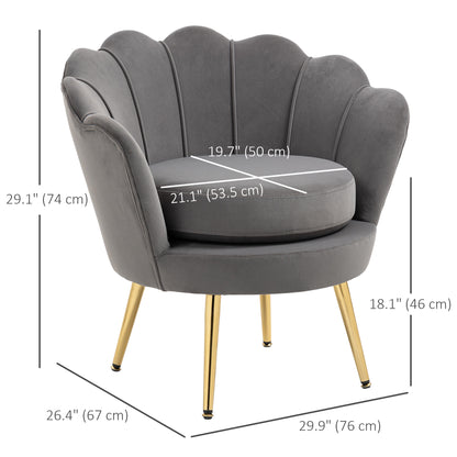 Modern Velvet Accent Chair with Lotus Backrest and Gold Legs, Grey