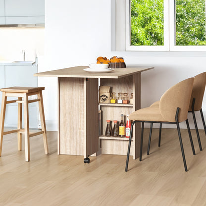Extendable Dining Table with Storage Shelves and Rolling Wheels - Natural Wood