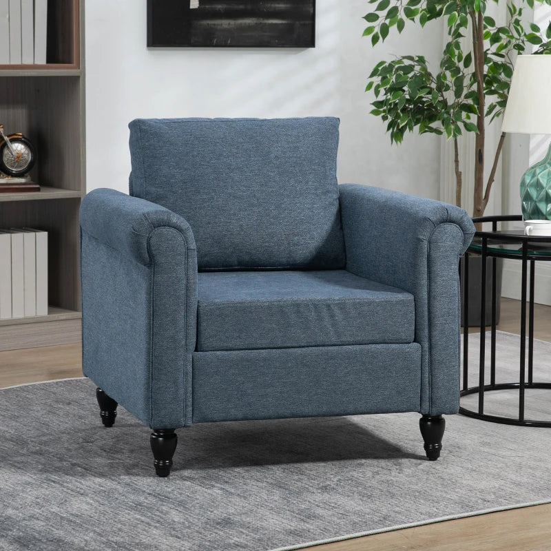 Vintage Armchair, Upholstered Accent Chair with Rolled Arms, Dark Blue