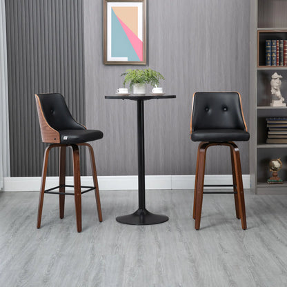 Swivel Bar Stools with Tufted PU Leather and Wood Legs, Black (Set of 2)