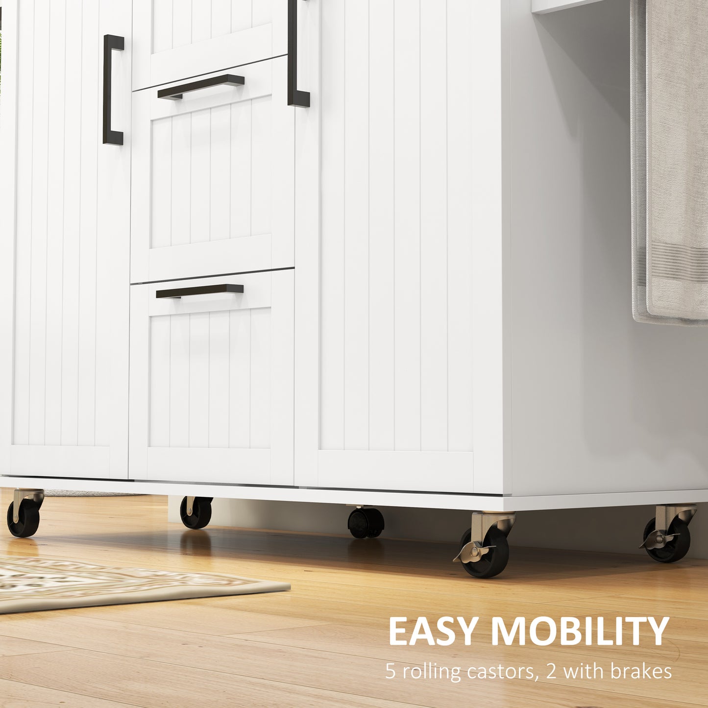 Rolling Kitchen Cart with Drop Leaf, 3 Drawers and Solid Wood Top, White