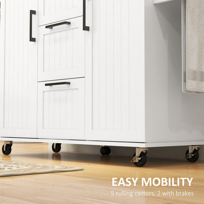 Rolling Kitchen Cart with Drop Leaf, 3 Drawers and Solid Wood Top, White