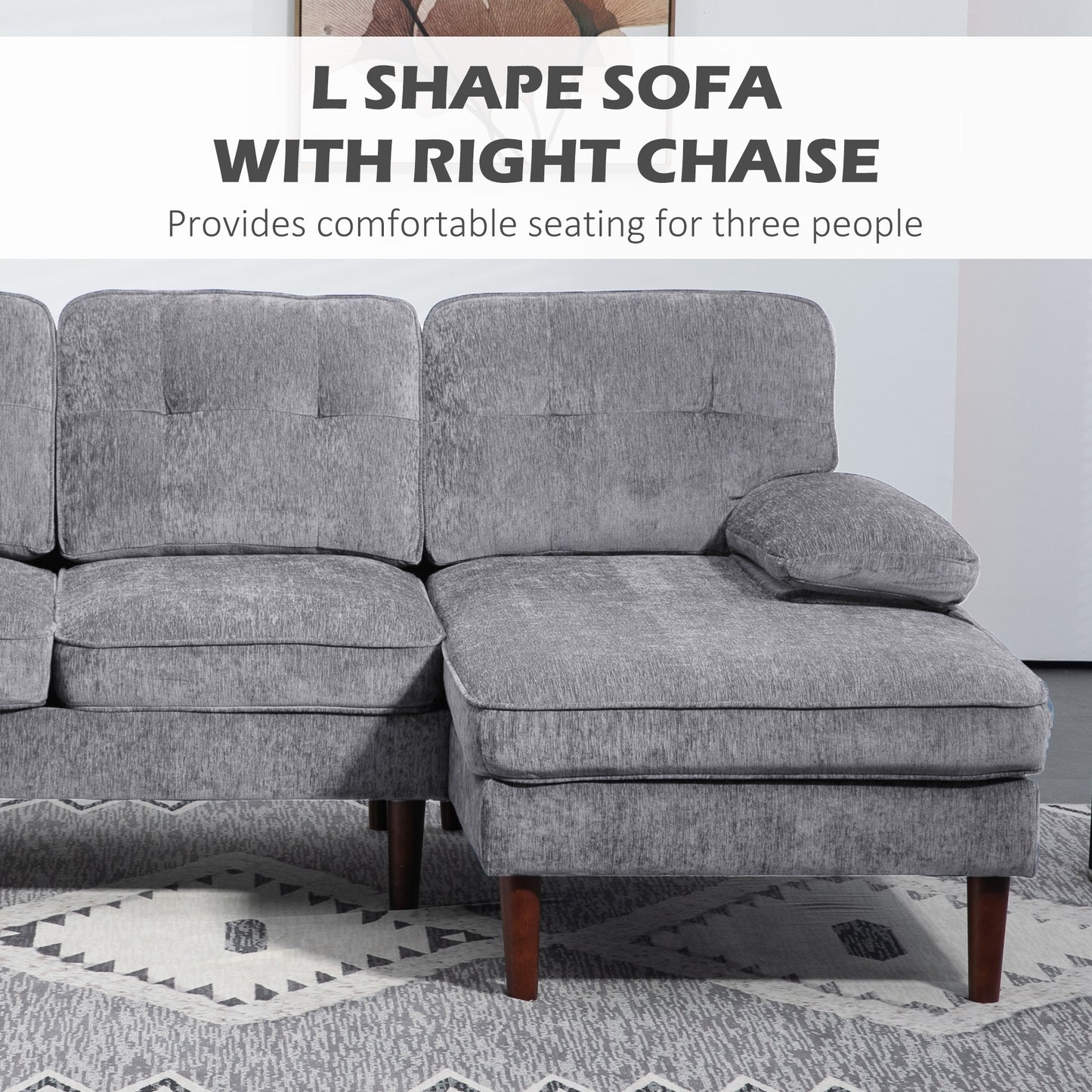 Tufted L-Shaped Corner Sofa with Right Chaise Lounge, Grey