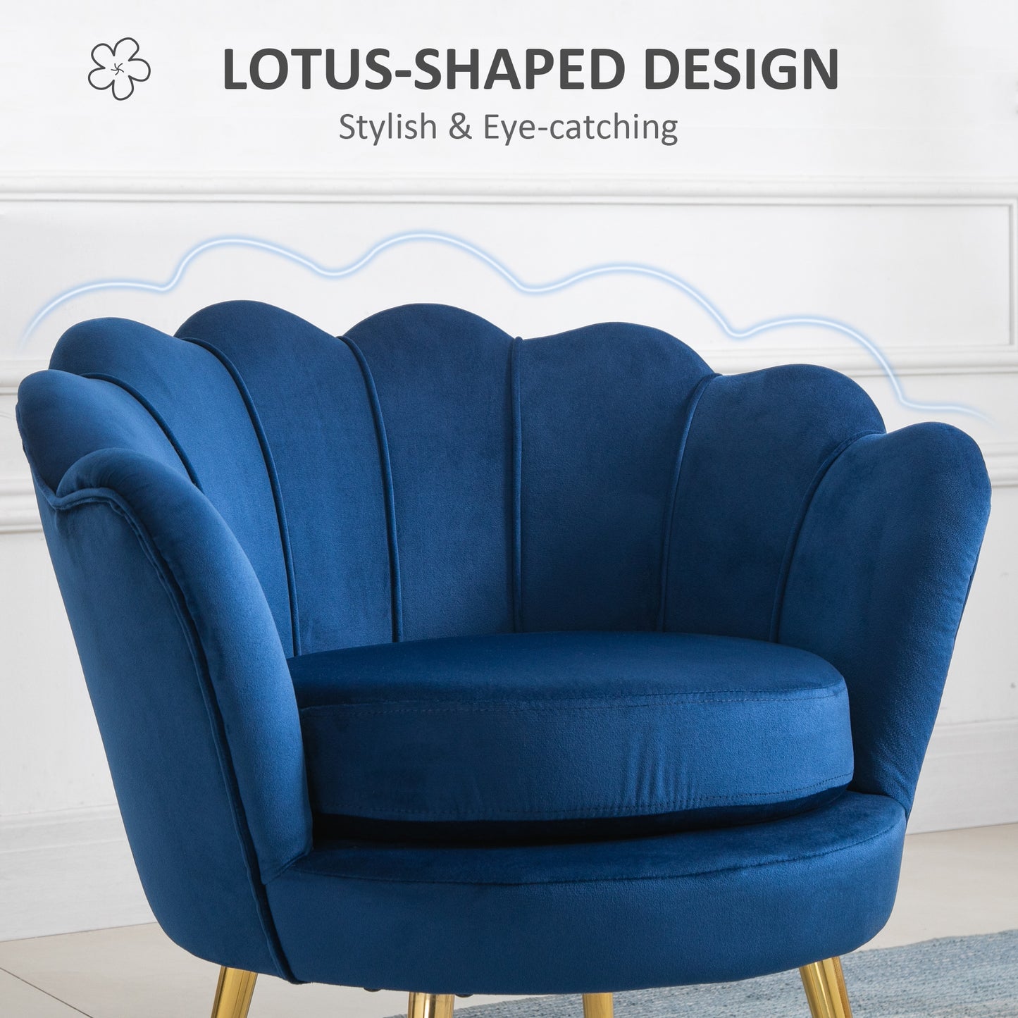 Modern Velvet Accent Chair with Lotus Backrest and Gold Legs, Blue