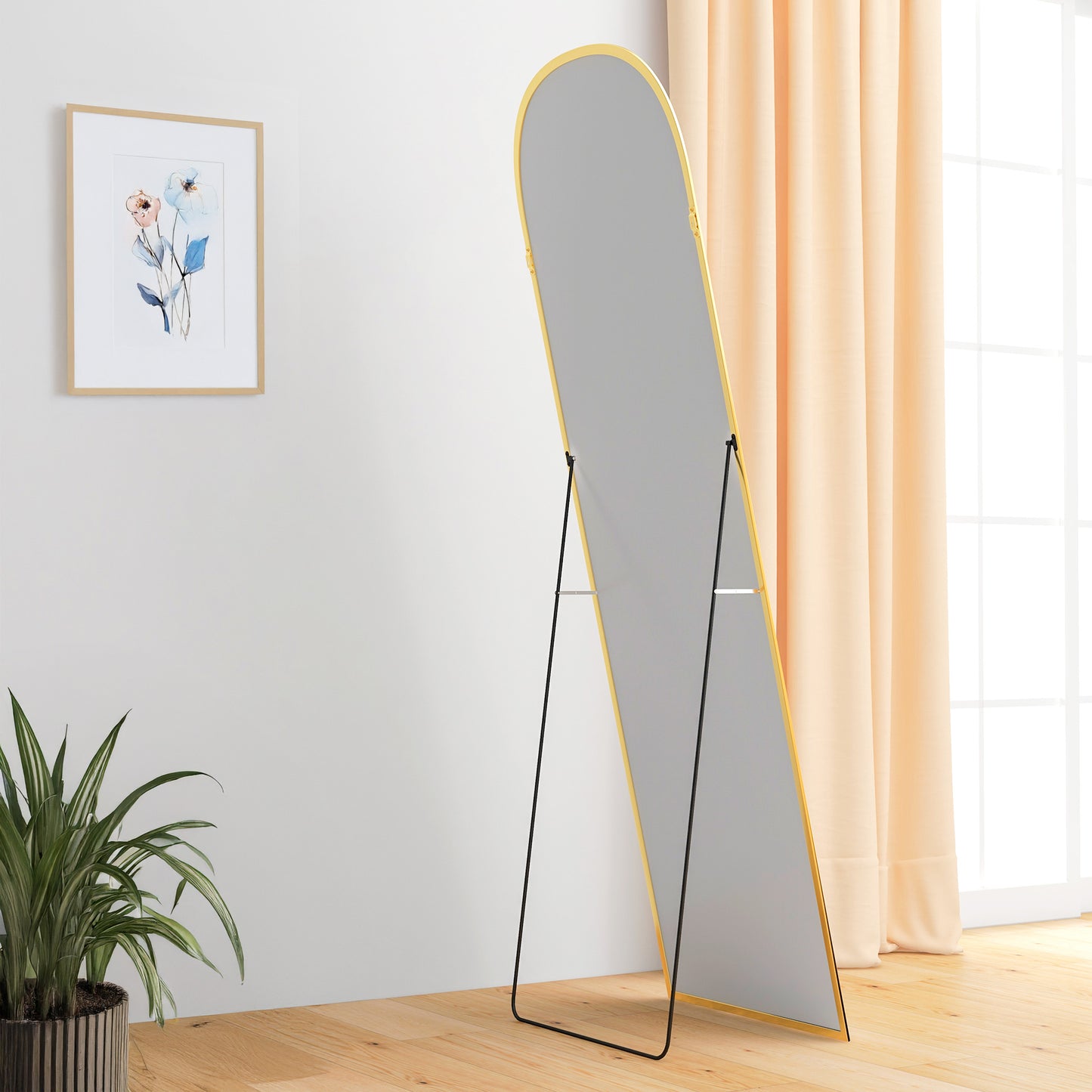 Arched Full Length Mirror with Gold Frame, 64" x 20", Versatile Standing or Wall Mount