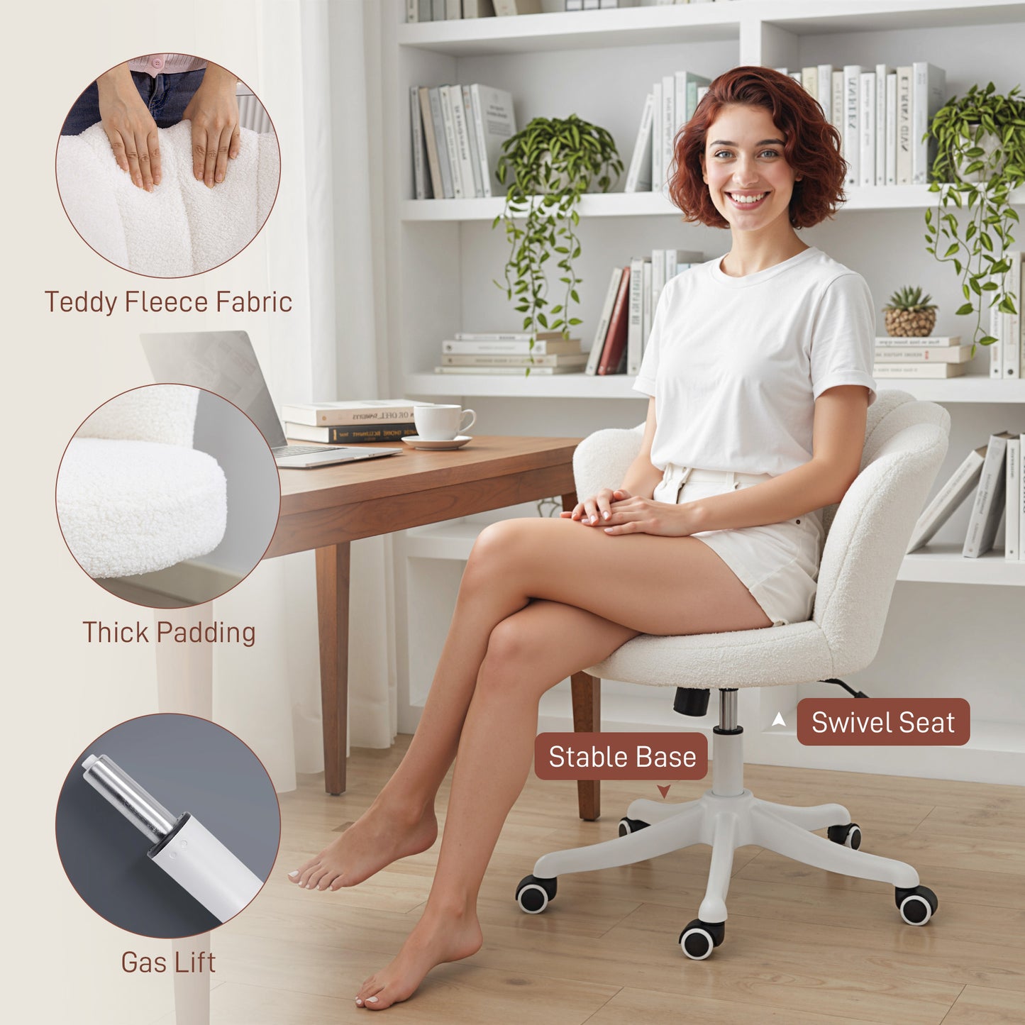 Adjustable Office Chair with Armrests, Cream White