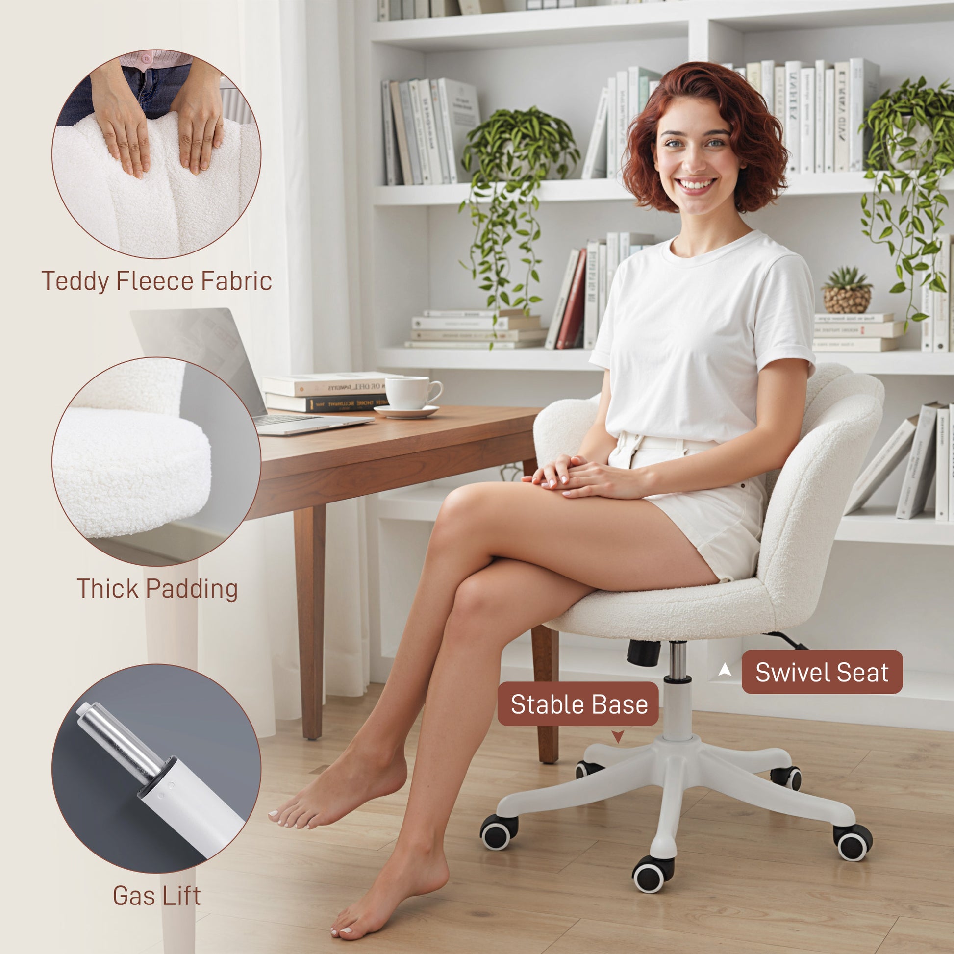 Adjustable Office Chair with Armrests, Cream White