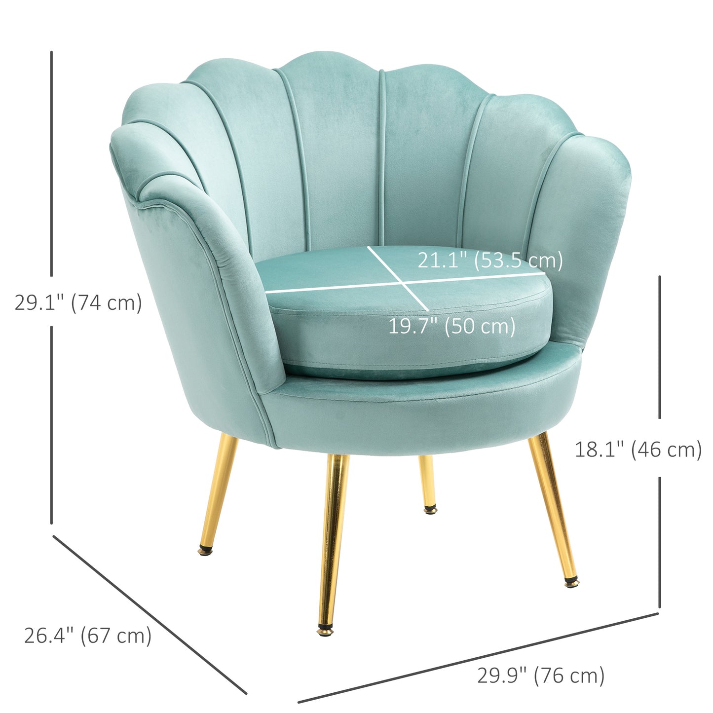 Modern Velvet Accent Chair with Lotus Backrest and Gold Legs, Green