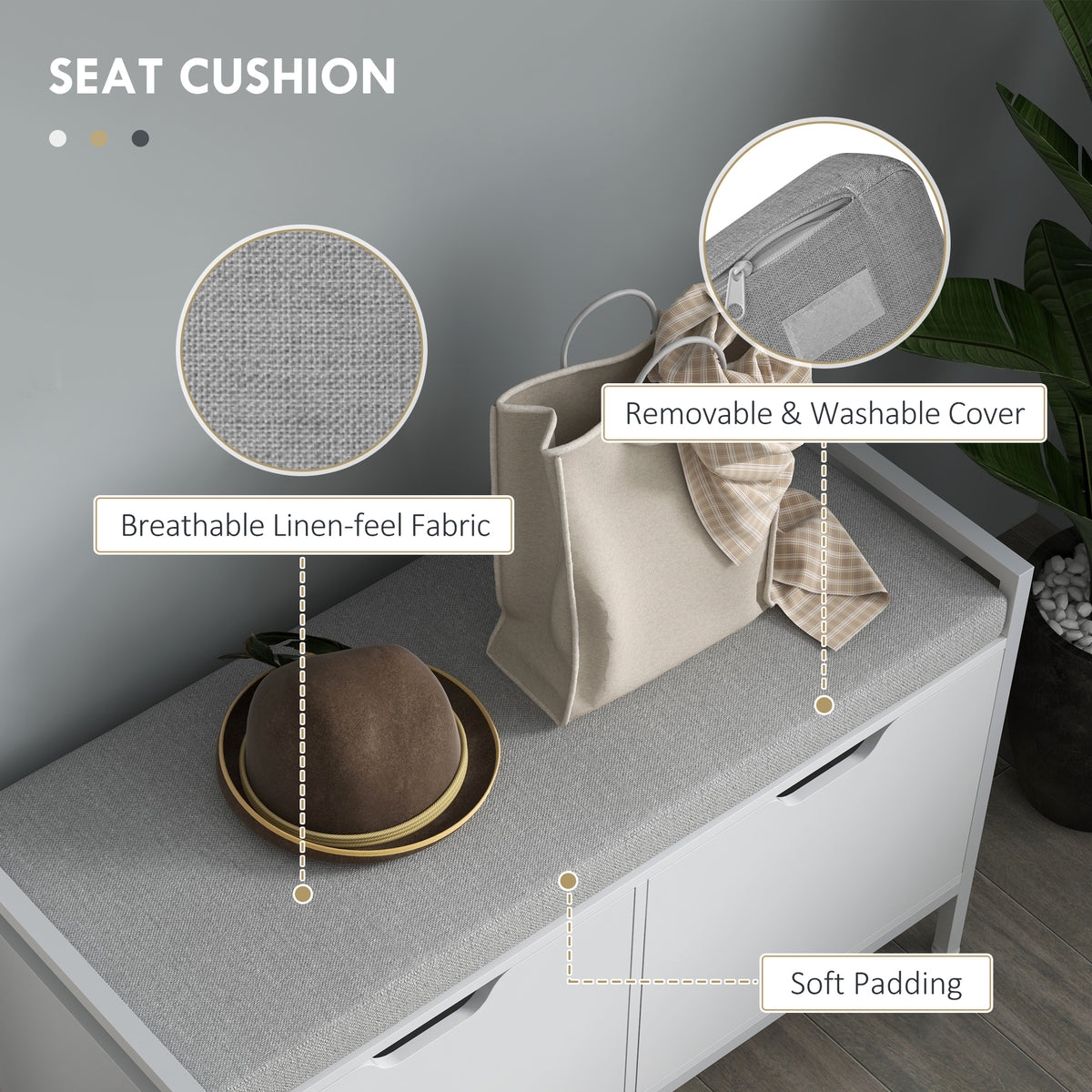 Shoe Storage Bench with Seat Cushion, White