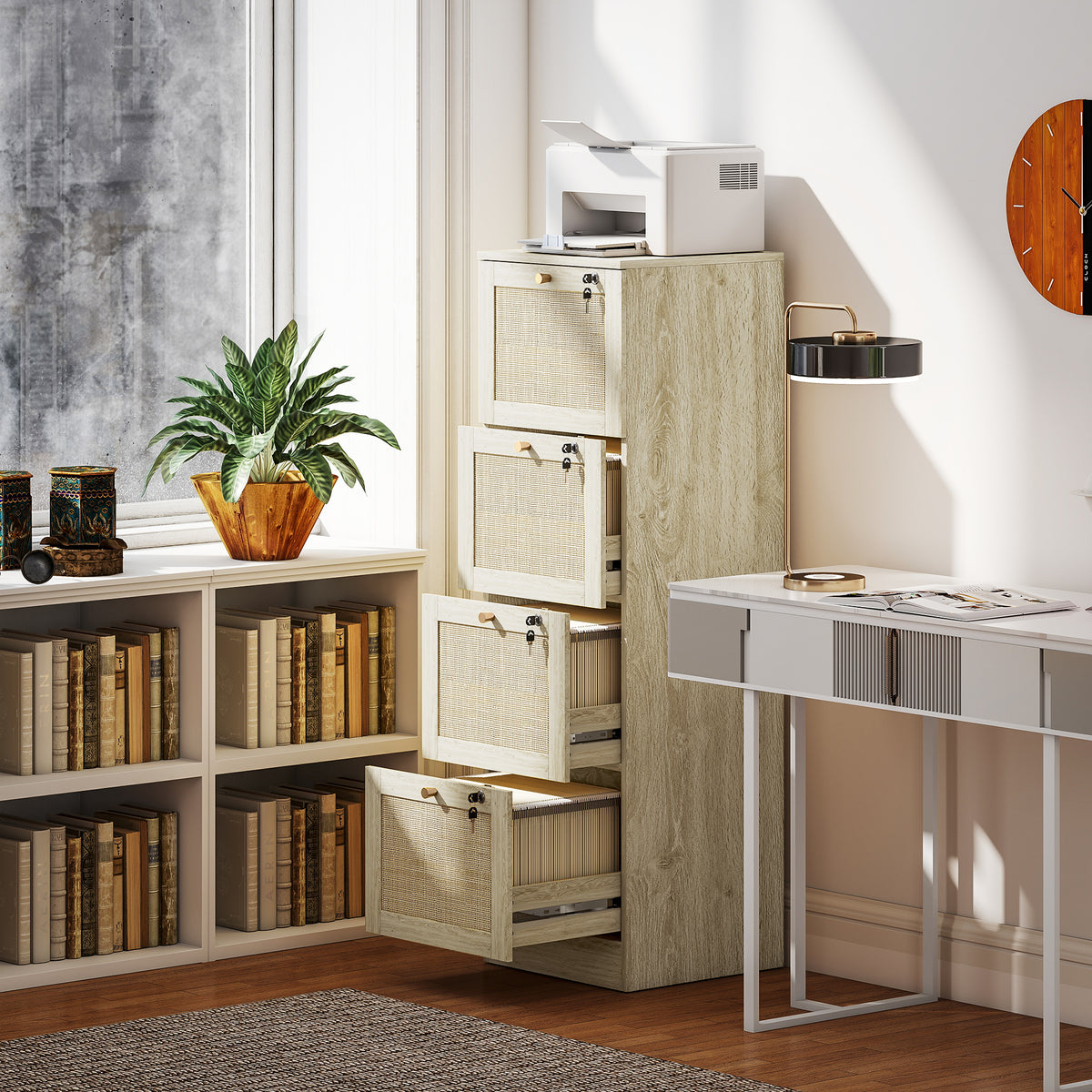 4 Drawer Filing Cabinet with Lock, Boho File Cabinet for A4 Letter Size Files with Decorative Rattan Accents, Oak