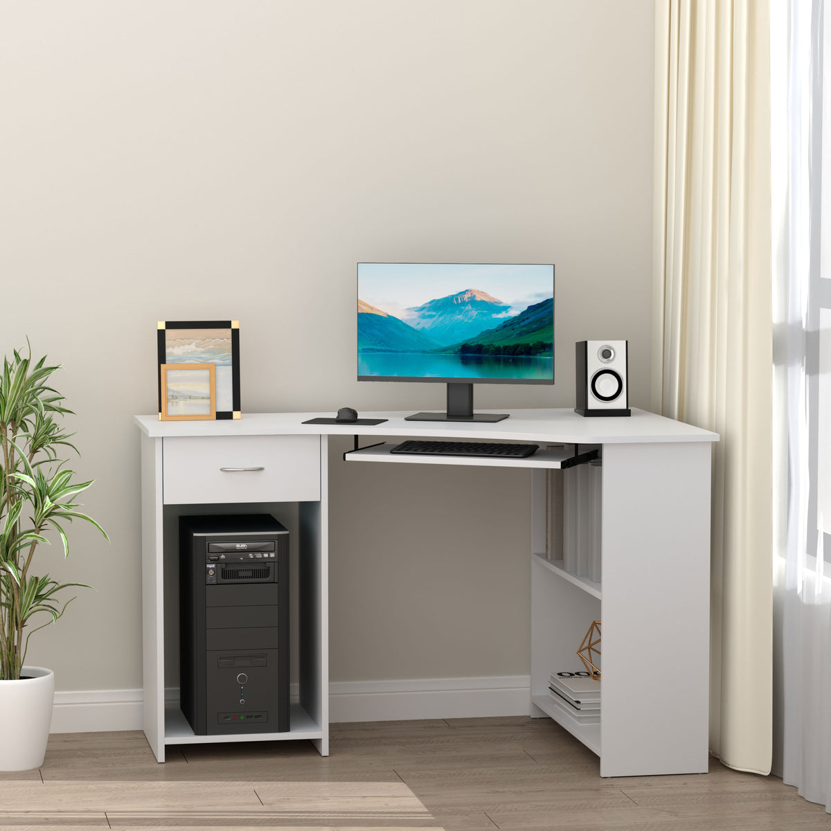 47" L-Shaped Computer Desk with Keyboard Tray and Storage, White