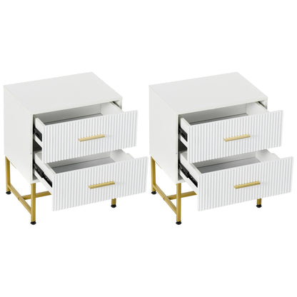 Modern Fluted Nightstands with Gold Legs and 2 Drawers, White (Set of 2)