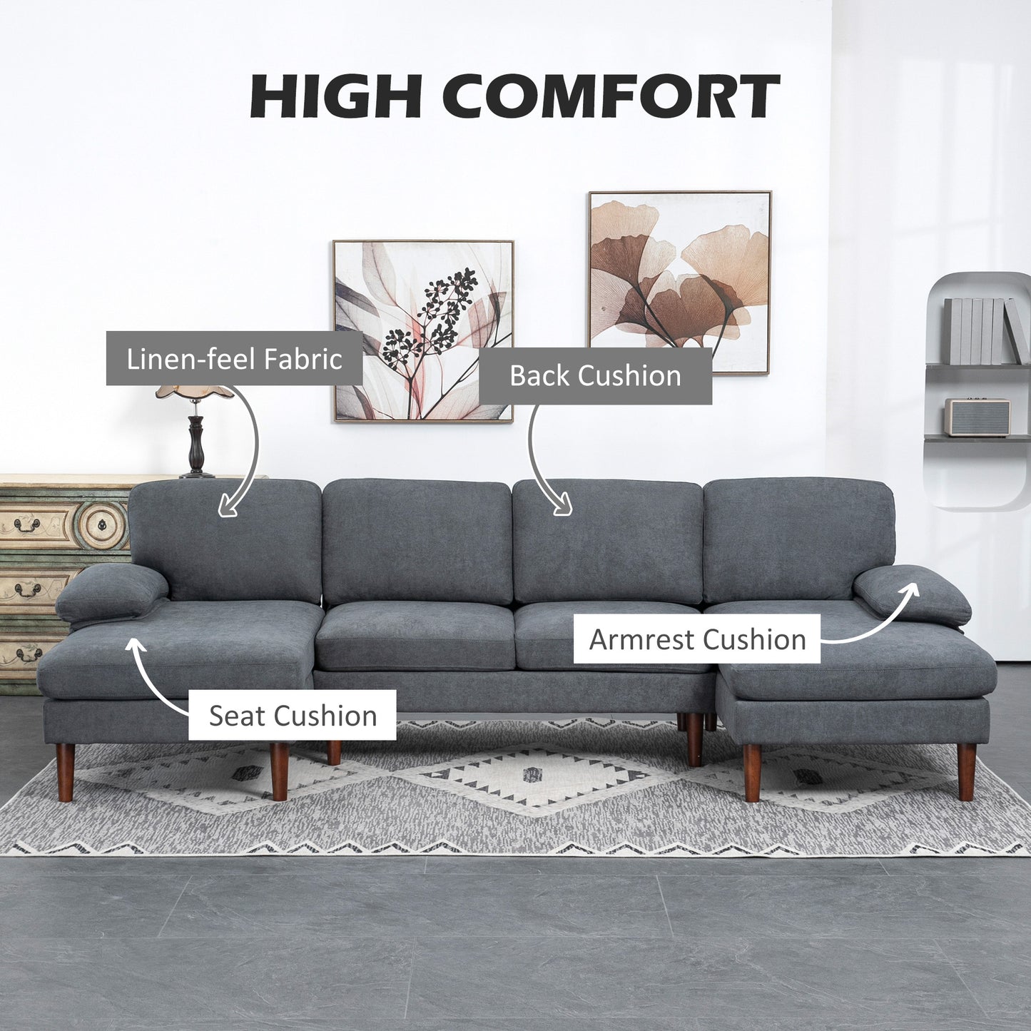 U-Shaped Sectional Sofa with Double Chaise Lounge, Dark Grey