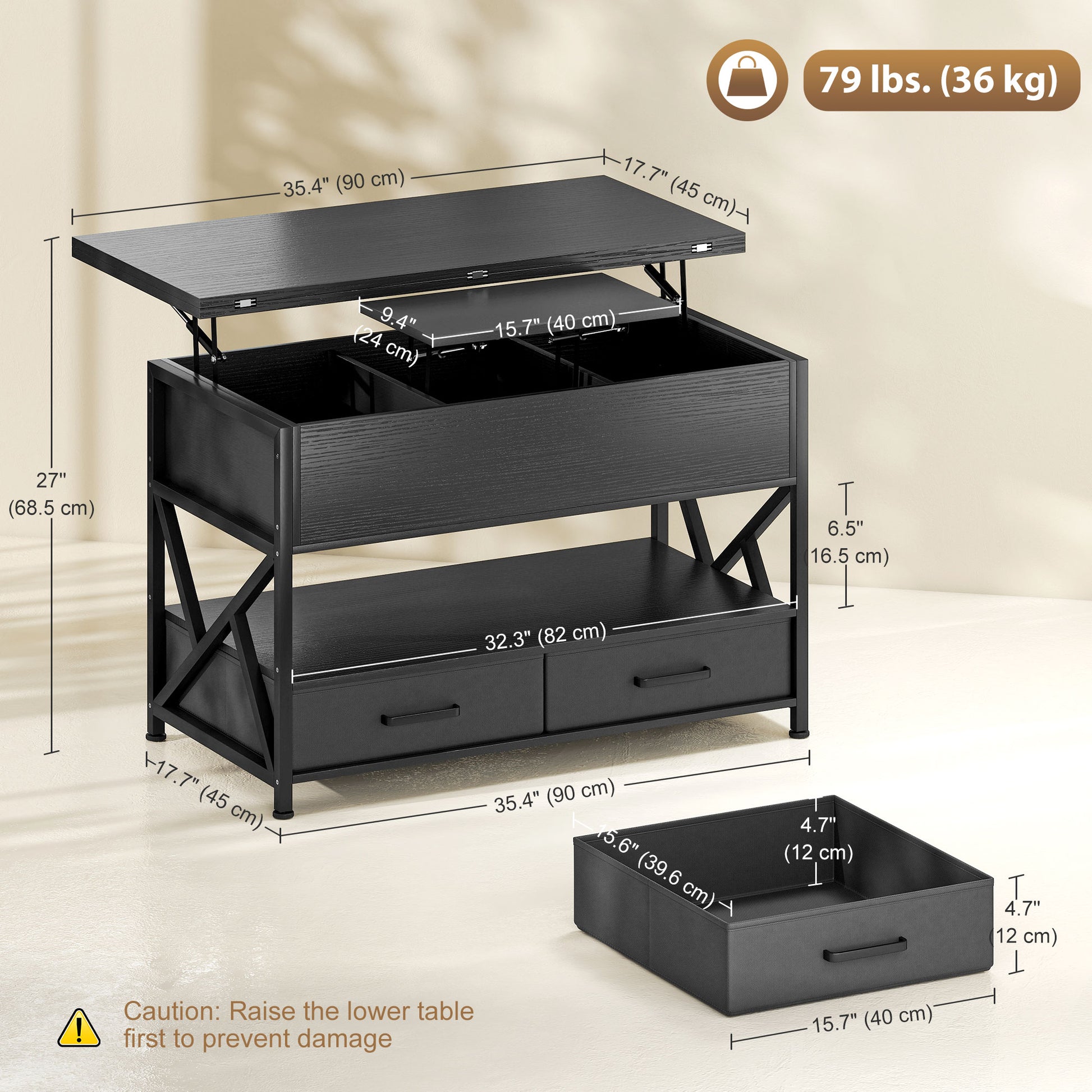 Modern Lift-Top Coffee Table with Storage, Distressed Black
