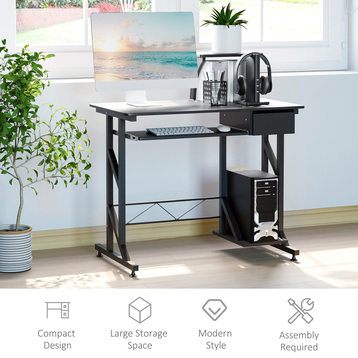 35" Computer Desk with Keyboard Tray and Drawer, Black