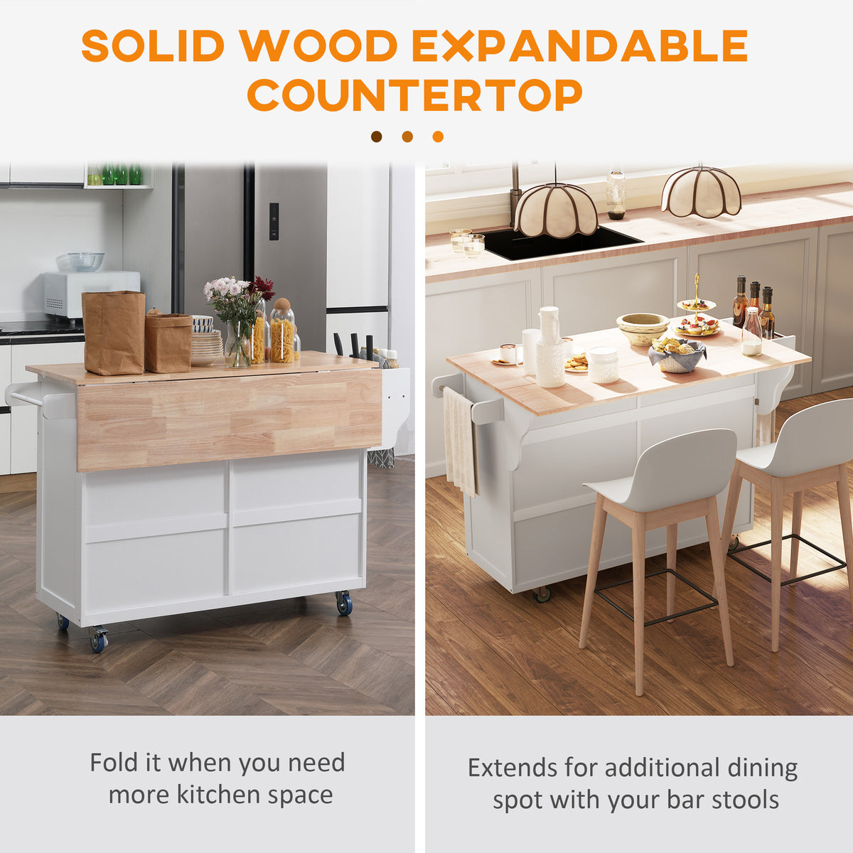 Rolling Kitchen Island Cart with Drop Leaf and Rubber Wood Top and Adjustable Shelves, White
