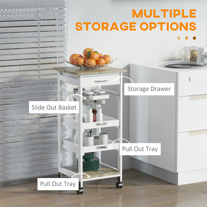 Rolling Kitchen Utility Cart with Drawer and Wire Basket, White