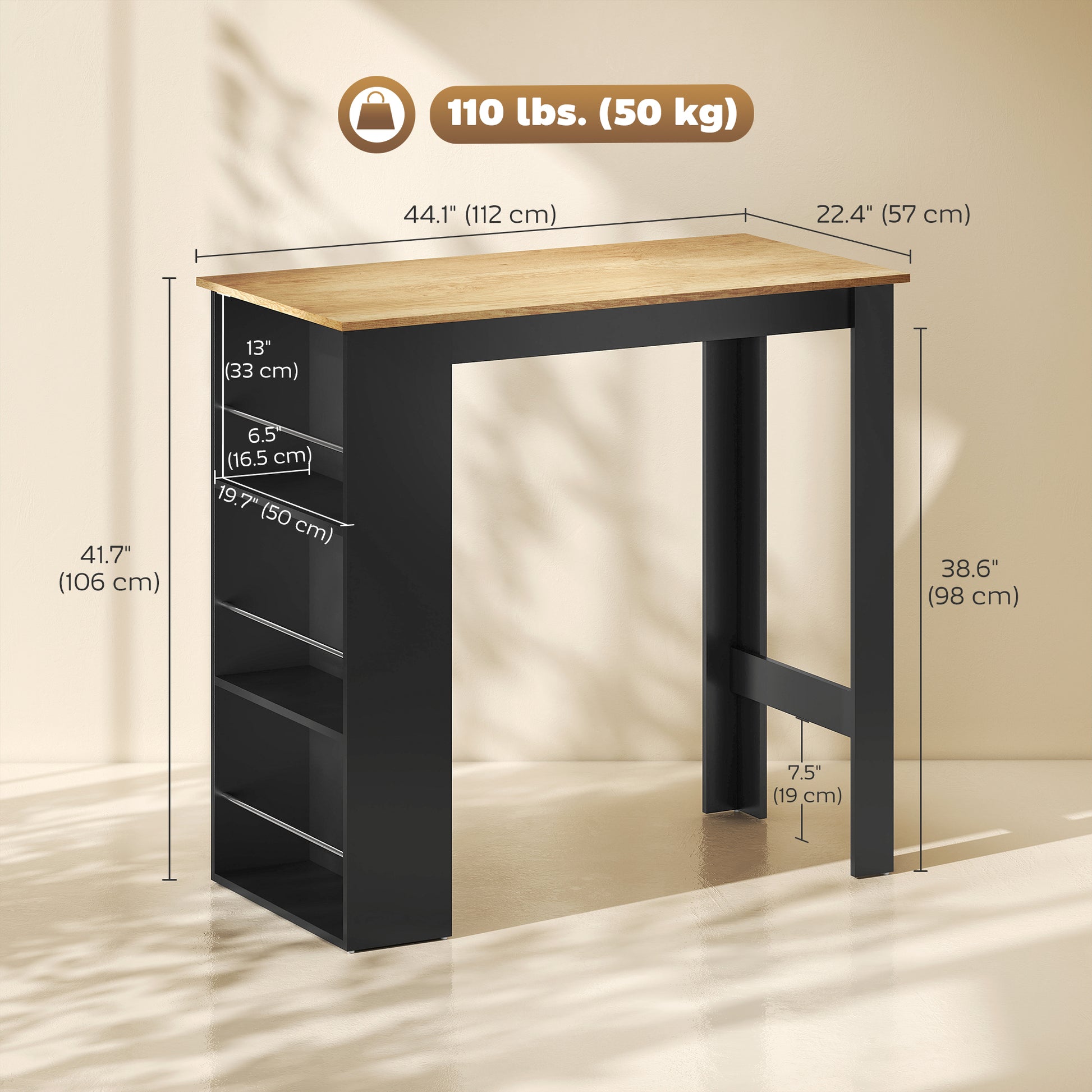 Round Drop-Leaf Dining Table with Storage Shelf, White and Natural Wood