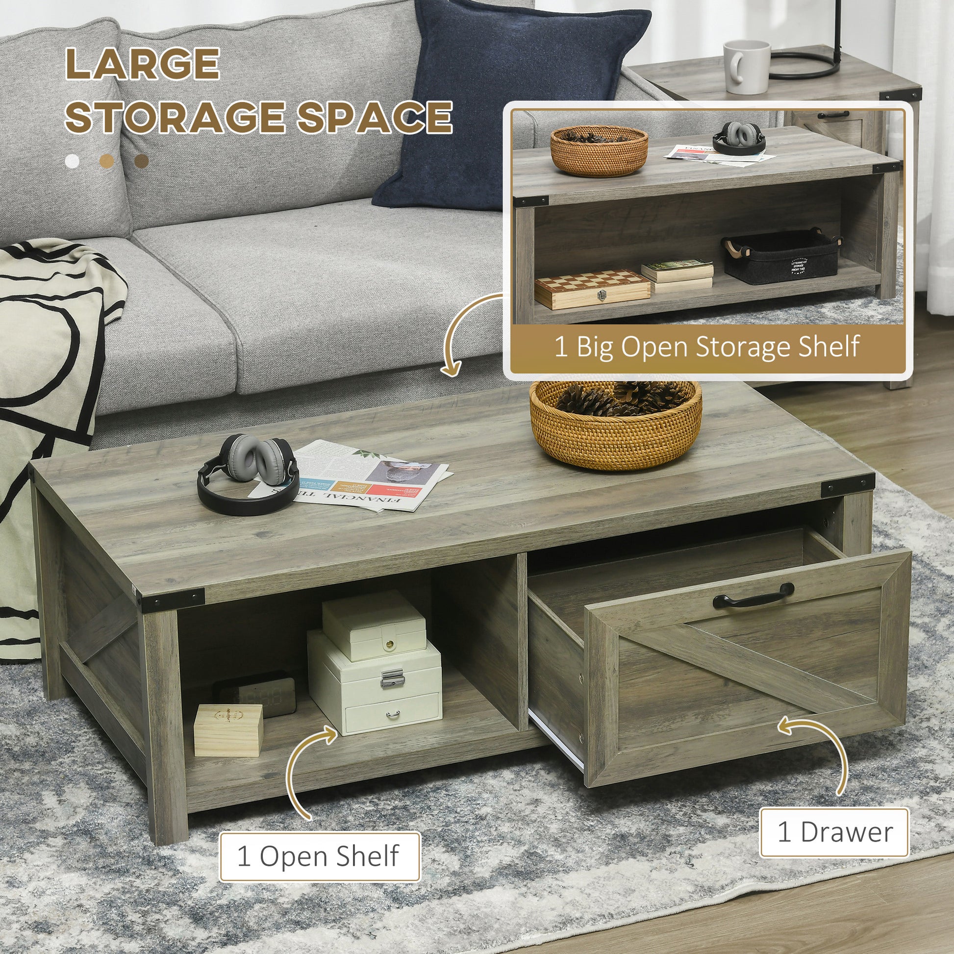 Lift-Top Coffee Table with Hidden Storage and Shelf, Grey
