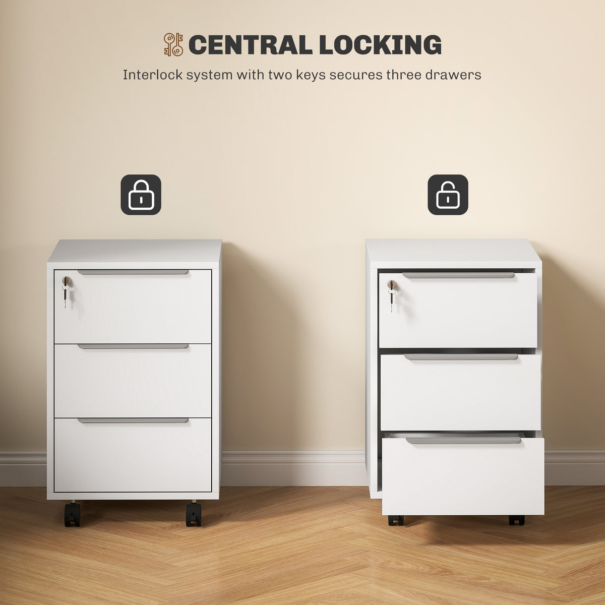 3-Drawer File Cabinet with Wheels, Vertical Filing Cabinet with Lock, White