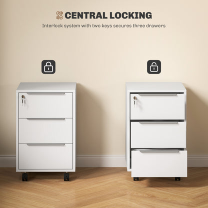 3-Drawer File Cabinet with Wheels, Vertical Filing Cabinet with Lock, White