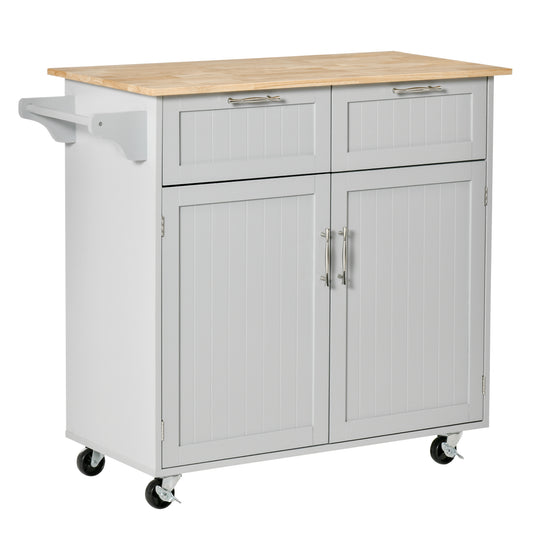 Rolling Kitchen Island Cart with Solid Wood Top and Towel Rack and 2 Cabinets, Grey