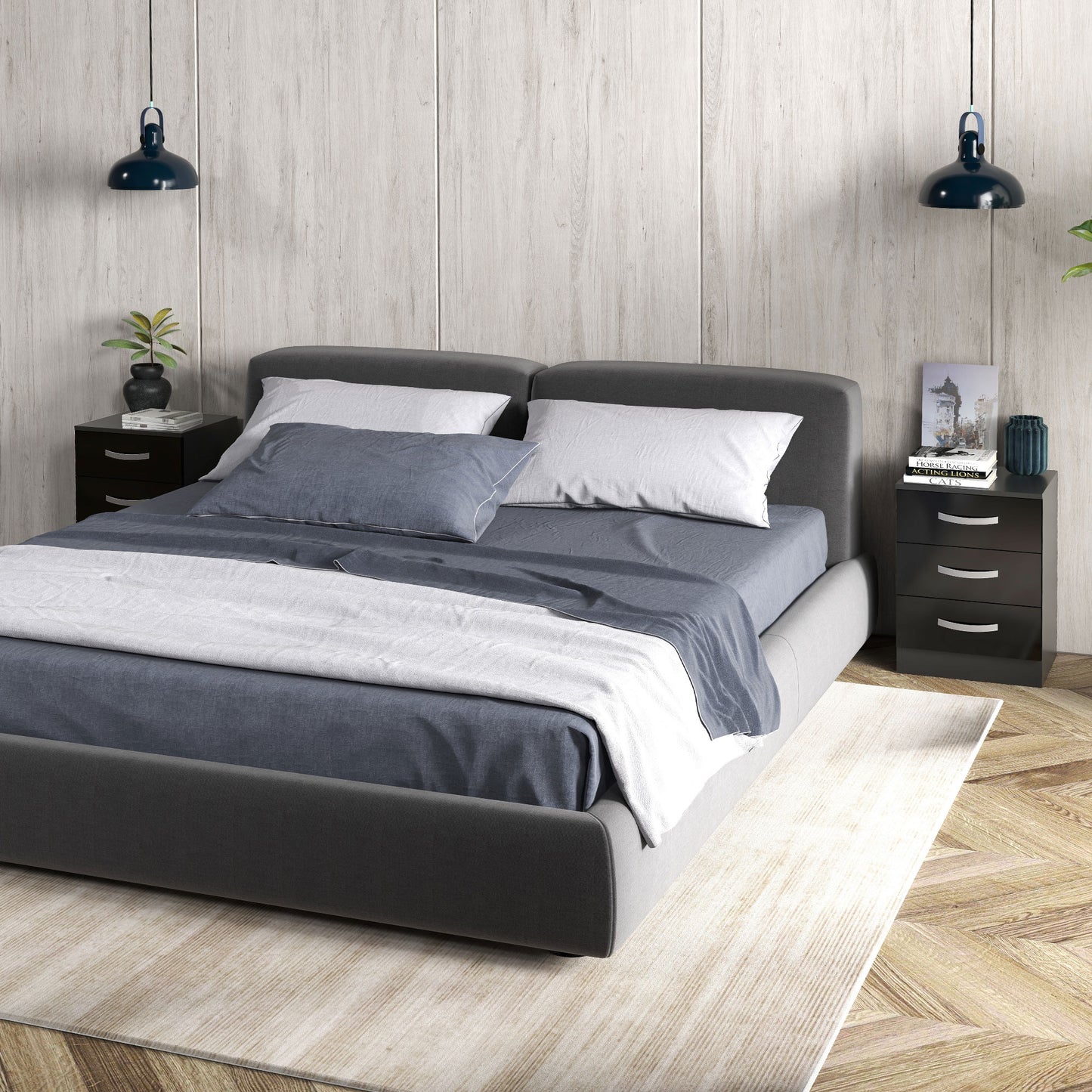High Gloss 3-Drawer Nightstands, Black (Set of 2)