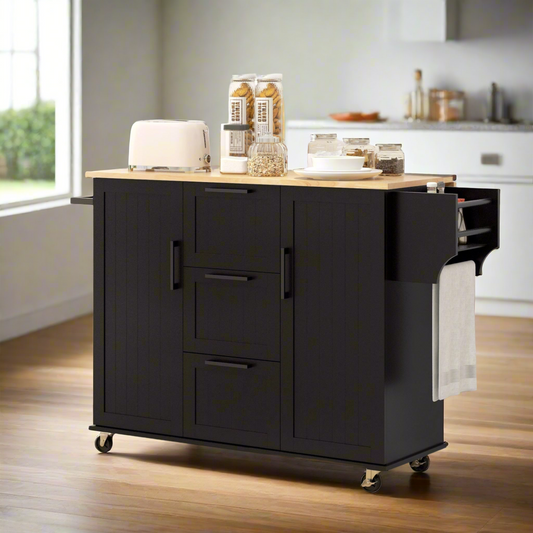 Rolling Kitchen Cart with Drop Leaf, 3 Drawers and Solid Wood Top, Black